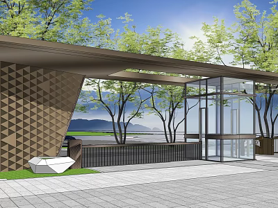 Modern Building Exterior With Geometric Patterned Wall Glass Structure And Wooden Canopy Surrounding Green Trees Design 3d model