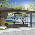 Modern Building Exterior With Geometric Patterned Wall Glass Structure And Wooden Canopy Surrounding Green Trees Design