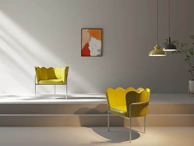 Two Yellow Leisure Chairs In Modern Interior With Sunlight Artwork And Pendant Lights 3d model