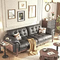 Black Leather Three-Seater Sofa with Wooden Carved Arms Decorative Pillows in Classic Living Room