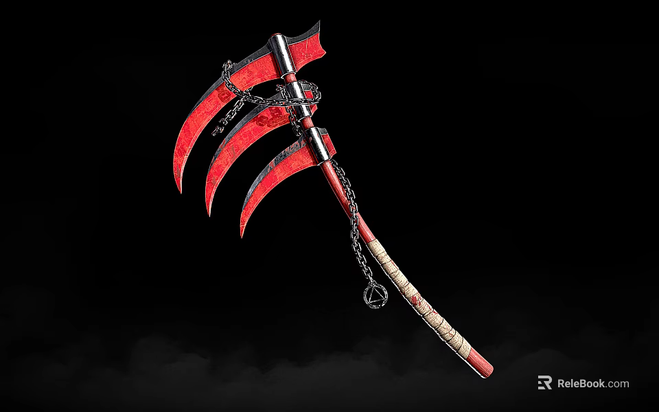 Red Multi Bladed Battle Axe With Decorative Chain And Wooden Handle 3d model 
