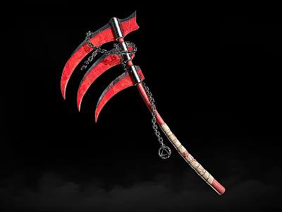 Red Multi Bladed Battle Axe With Decorative Chain And Wooden Handle 3d model