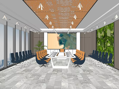 Modern Conference Room Interior Design With Long Table Chairs Ceiling Lights And Living Plant Wall 3d model