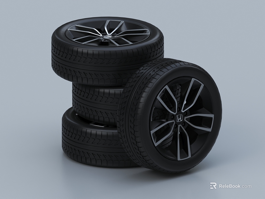 Three Black Car Tires Stacked With Modern Rims Featuring Silver Spokes Design 3d model 