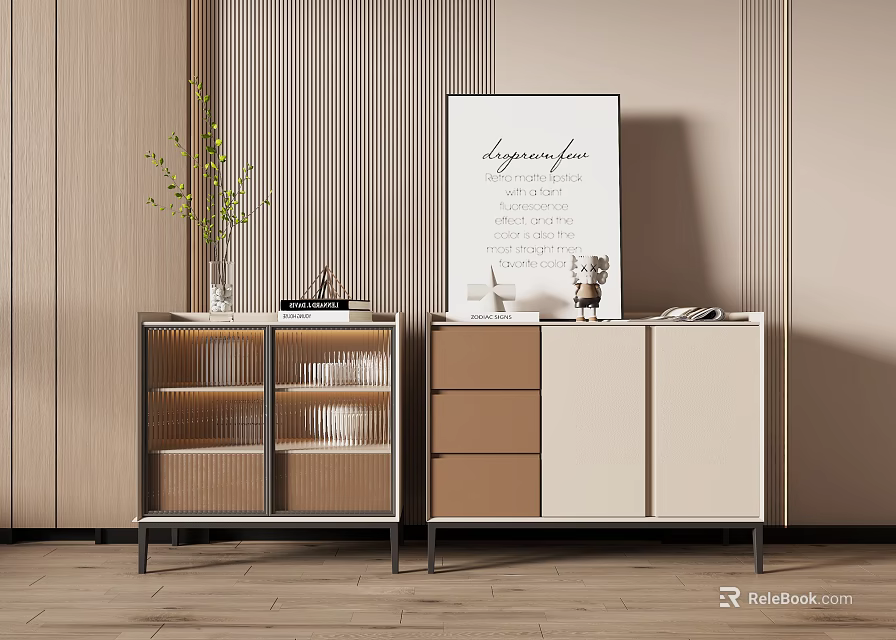 Modern Entryway Cabinet and Side Cabinet with Wooden Panels Metal Frame Decorative Vase and Artwork 3d model 