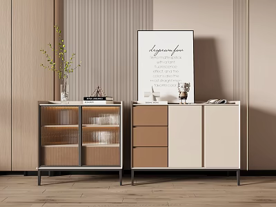 Modern Entryway Cabinet and Side Cabinet with Wooden Panels Metal Frame Decorative Vase and Artwork 3d model