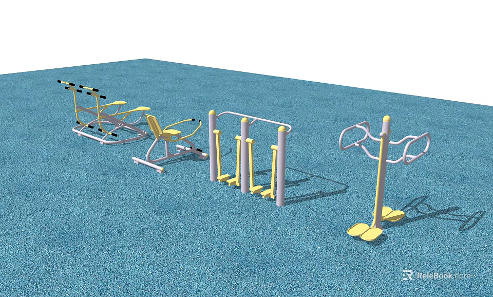 Outdoor Sports Equipment With Parallel Bars Leg Press Machine And Fitness Tools On Rubber Floor 3d model 