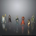 Fantasy Characters And Mythical Beings With Halos Holding Staves On Dark Background Reflections