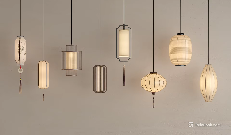 Various Stylish Pendant Lights with Fabric Shades and Metal Frames on Light Wall 3d model 