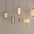 Various Stylish Pendant Lights with Fabric Shades and Metal Frames on Light Wall