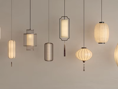 Various Stylish Pendant Lights with Fabric Shades and Metal Frames on Light Wall 3d model