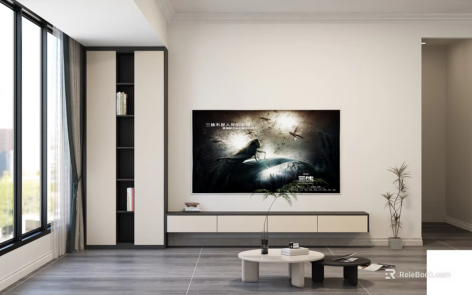 Modern TV Stand In Living Room With White Black Design Potted Plant And Coffee Table 3d model 