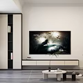 Modern TV Stand In Living Room With White Black Design Potted Plant And Coffee Table