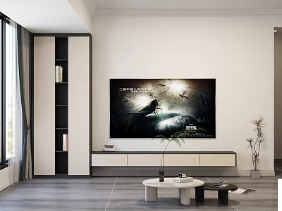 Modern TV Stand In Living Room With White Black Design Potted Plant And Coffee Table 3d model