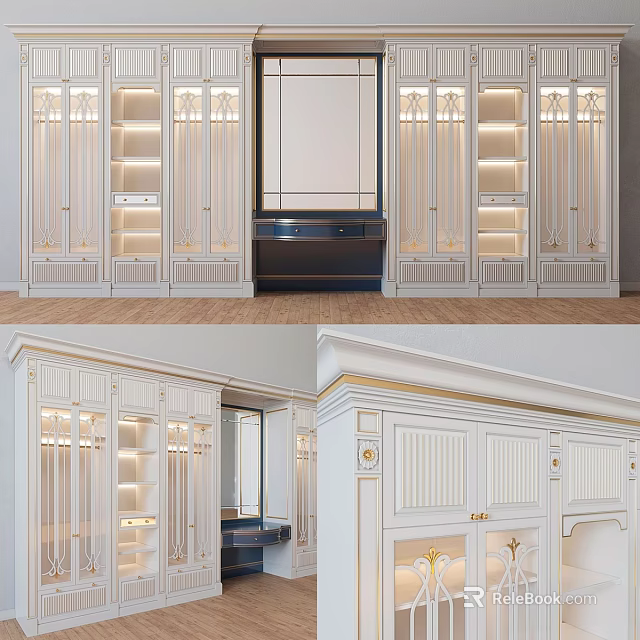 Elegant Classic Chest of Drawers With Carved Details Lighted Shelves And Marble Top 3d model 