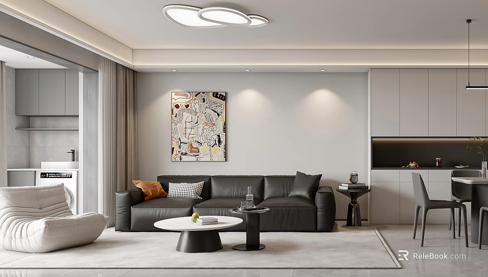 Modern Living Dining Room Interior With Black Sofa Round Coffee Table Artwork And Ceiling Light 3d model 