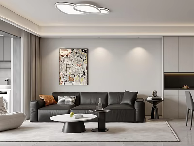 Modern Living Dining Room Interior With Black Sofa Round Coffee Table Artwork And Ceiling Light 3d model