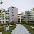 Modern Multi Story School Building With Green Landscaping Pathway And Seating Benches