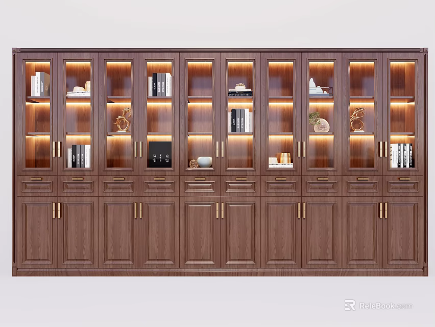 Elegant Wooden Bookcase With Glass Doors Built-in Lighting And Books Decorative Items 3d model 
