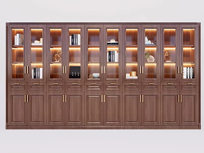 Elegant Wooden Bookcase With Glass Doors Built-in Lighting And Books Decorative Items 3d model
