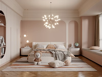 Modern Kids Room Interior Design With Pink Walls Chandelier Bed And Stuffed Toy Rug 3d model