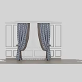 Elegant Blue Patterned Curtains With White Sheer And Brown Trim On Window 3d model