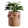 Potted Bonsai Plants in Face Designed Clay Pots on Metal Frame Stands with Wooden Tops