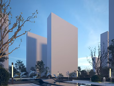 Modern Residential Landscape With High Rise Buildings Pool Trees And Sculptures 3d model