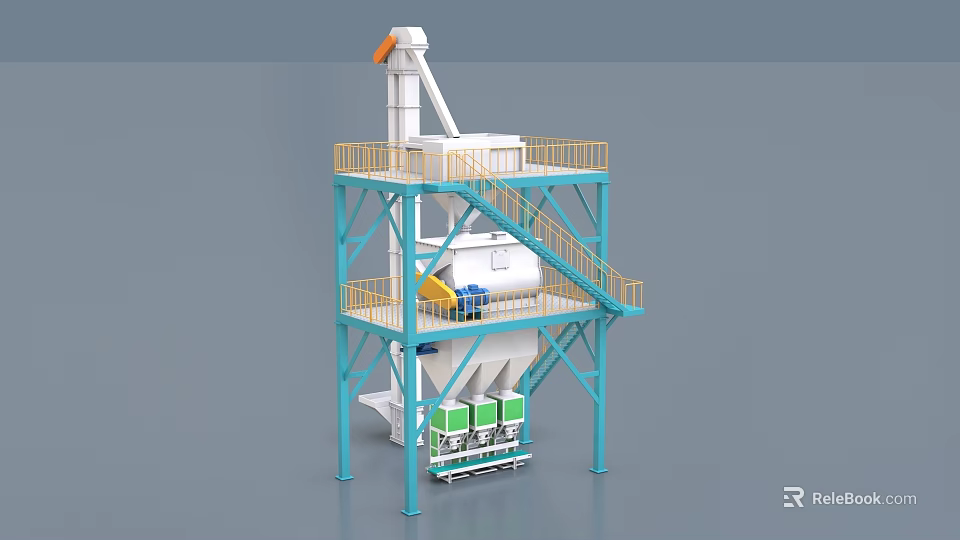Industrial Concrete Mixing Plant With Multi Layer Structure Yellow Railings And Mixing Drum 3d model 