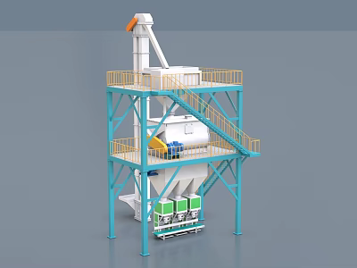 Industrial Concrete Mixing Plant With Multi Layer Structure Yellow Railings And Mixing Drum 3d model