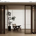 Wooden Folding Doors In Modern Interior With Plant Chair And Window Blinds