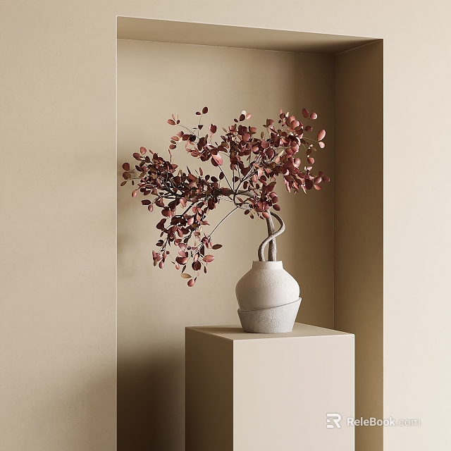 White Ceramic Vase With Pink Red Leaves Placed On Beige Cube Stand Against Beige Wall 3d model 