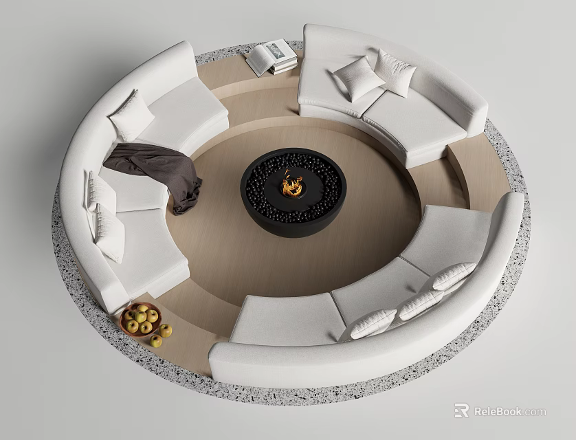Circular Public Chair With White Seats Black Table Wooden Floor And Grey Stone Edge 3d model 