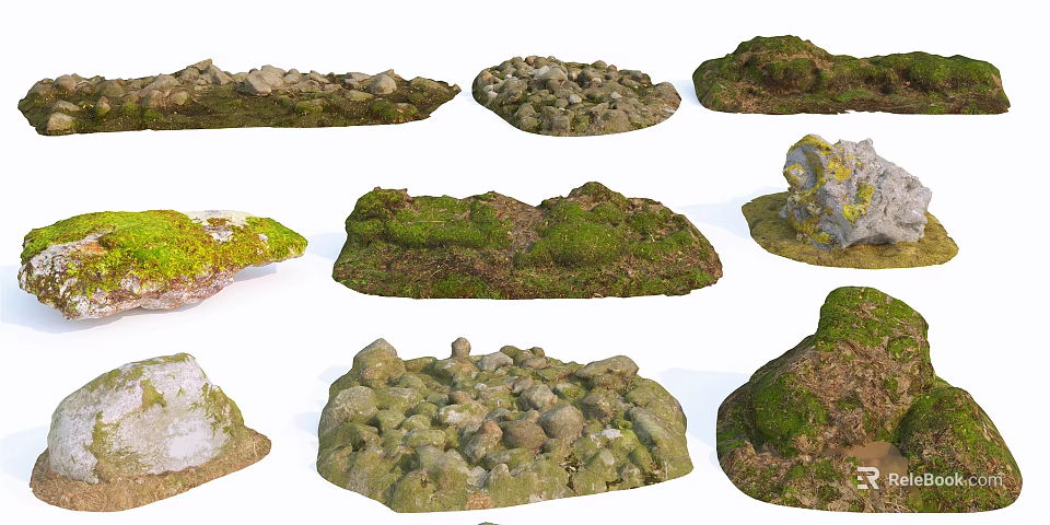 Natural Stone and Wood Decorative Elements with Mossy Textures for Landscaping Design 3d model 