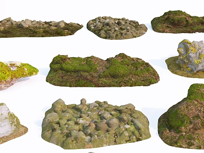 Natural Stone and Wood Decorative Elements with Mossy Textures for Landscaping Design 3d model