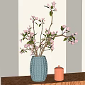 White Ribbed Vase With Pink Flowers On Wooden Table By Orange Candle Light Colored Wall