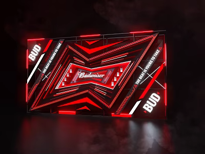Budweiser Advertising Backdrop With Red Black Neon Lights And Geometric Patterns 3d model