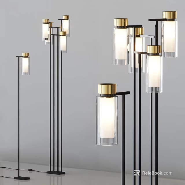 Modern Floor Lamp With Black Metal Frame And Gold Accent Transparent Glass Shade 3d model 