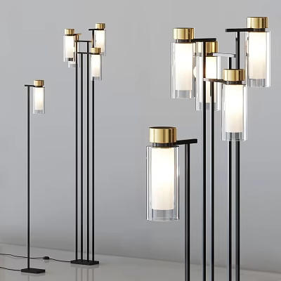 Modern Floor Lamp With Black Metal Frame And Gold Accent Transparent Glass Shade 3d model