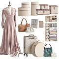 Stylish Clothes Wardrobe Display With Hanging Dresses Folded Coats Handbags And Shoes
