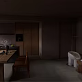 Modern Restaurant Interior With Wooden Long Table Chairs Dark Cabinets And Window Blinds
