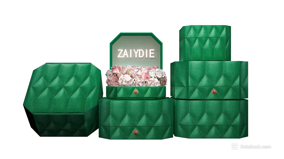 Elegant Green Quilted Jewelry Boxes with Open Top Showing Pink Flowers Inside 3d model 