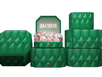Elegant Green Quilted Jewelry Boxes with Open Top Showing Pink Flowers Inside 3d model