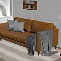 Comfortable Brown Leather Two Seater Sofa With Grey Cushions Throw Blanket And Floor Lamp Near Window