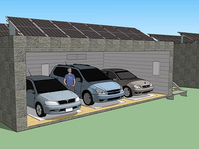 Modern Solar Panel Roofed Parking Building With Three Parked Cars And Person 3d model