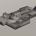 Modern Gray Sectional Sofa with Soft Pillows and Cozy Blankets 3d model