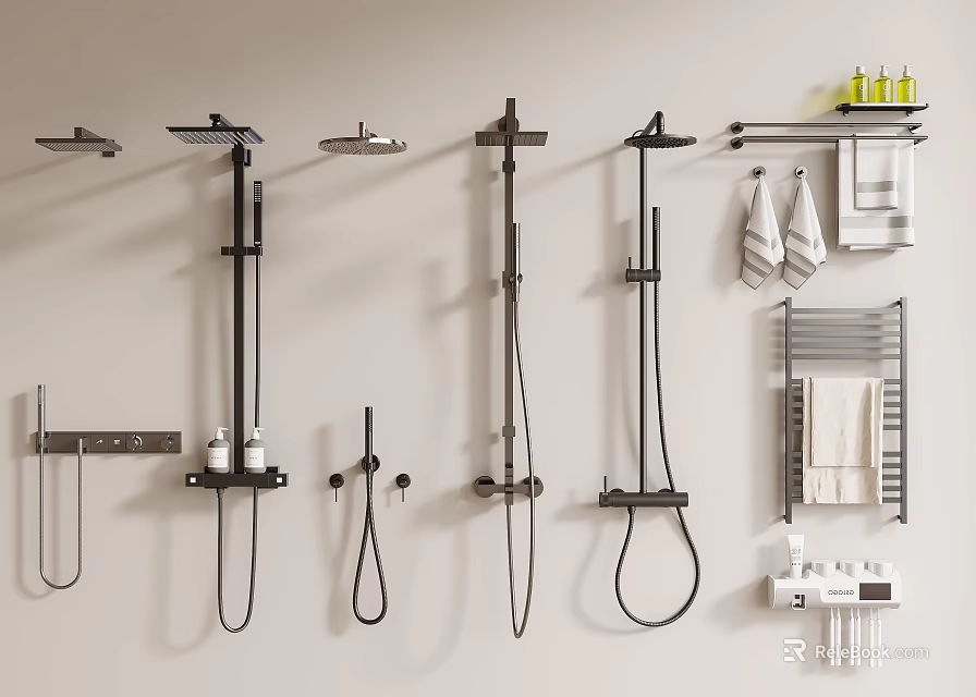 Modern Assortment Of Shower Heads With Handheld Sprayers Towel Racks And Bath Products 3d model 