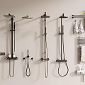 Modern Assortment Of Shower Heads With Handheld Sprayers Towel Racks And Bath Products