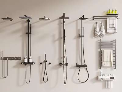 Modern Assortment Of Shower Heads With Handheld Sprayers Towel Racks And Bath Products 3d model