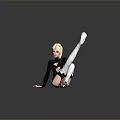 Blonde Woman in Black Bodysuit White Thigh High Socks White Heels on Shiny Black Floor